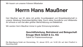 Traueranzeige von Hans Maußner von Pegnitz-Zeitung